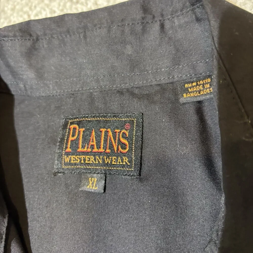 Plains Western Wear Pearl Snap Shirt Mens XL Black Short Sleeve Ranch Cowboy